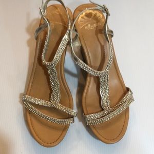 Fergalicious by fergie size 8 1/2 light gold beaded wedge sandals with cork heel